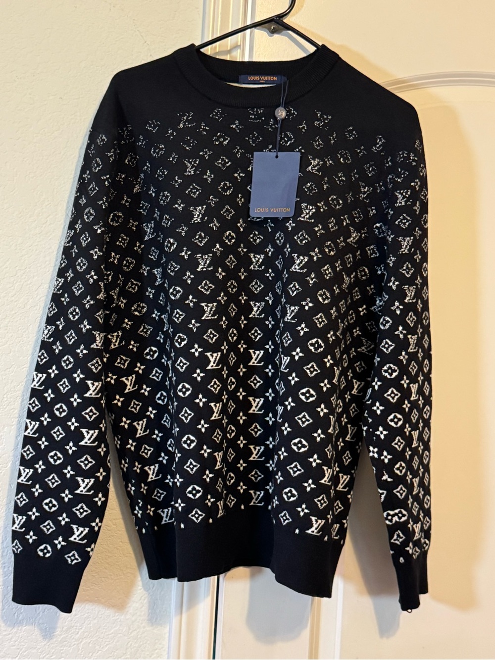Louis Vuitton Black and White Monogram Crewneck Sweater — Designer Knit